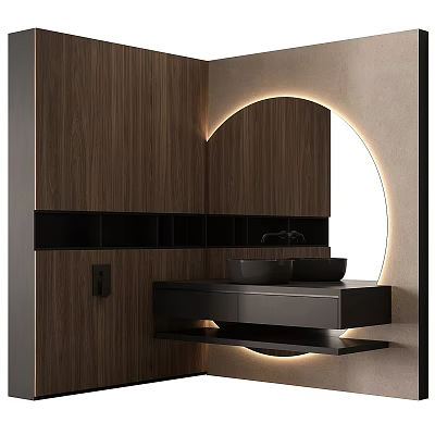 Modern Bathroom Vanity With Wooden Cabinet Black Countertop And Round Mirror Lighting 3d model