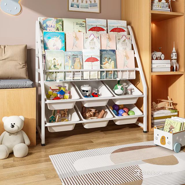 Functional Multi tiered Children's Bookcase With Picture Books Storage Bins And Organized Toys 3d model 