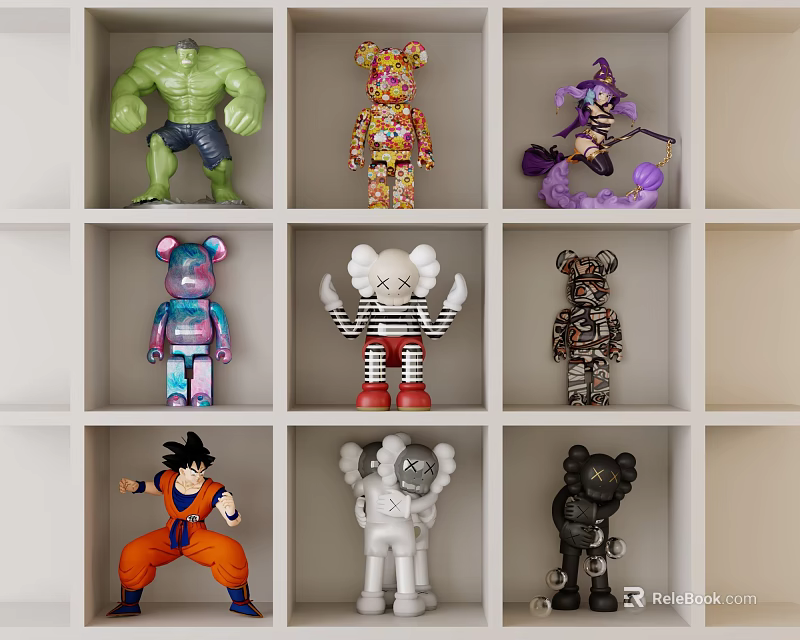 Colorful Decorative Sculptures With Various Character Designs And Artistic Carvings On Display Shelf 3d model 