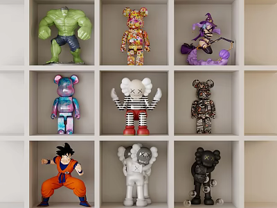 Colorful Decorative Sculptures With Various Character Designs And Artistic Carvings On Display Shelf 3d model