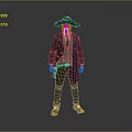 Man in blue coat green vest with wide-brimmed hat tie black pants brown boots holster