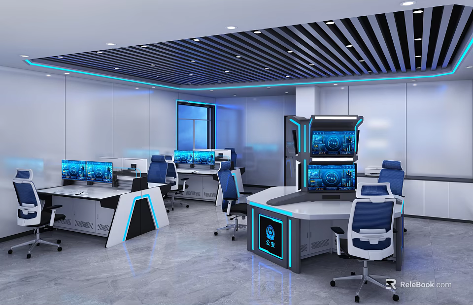 Modern Monitoring Room Interior With Multiple Monitors Ergonomic Workstations Office Chairs And Sleek Design 3d model 