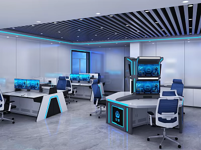 Modern Monitoring Room Interior With Multiple Monitors Ergonomic Workstations Office Chairs And Sleek Design 3d model