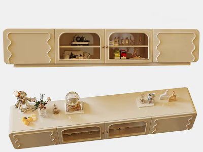 Modern TV Stand With Scalloped Doors Glass Cabinet And Decorative Ornaments On Top 3d model