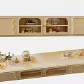 Modern TV Stand With Scalloped Doors Glass Cabinet And Decorative Ornaments On Top