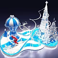 Christmas Check in Area with Santa Blue White Hot Air Balloon Snowflakes and Tree