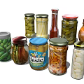 Assorted Preserved Foods in Glass Jars with Pickles Cucumbers and Vegetables