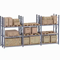 Blue Metal Storage Shelving Units With Multiple Layers And Wooden Boxes