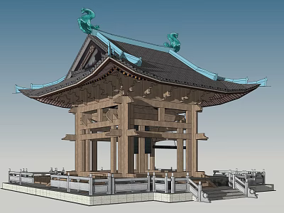 Traditional Chinese Pavilion with Overhanging Eaves Wooden Columns White Railings and Stone Steps 3d model