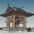 Traditional Chinese Pavilion with Overhanging Eaves Wooden Columns White Railings and Stone Steps