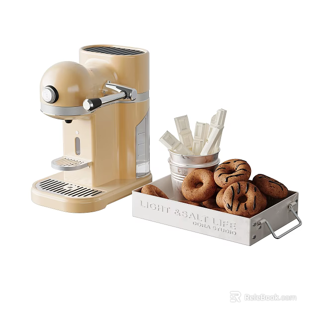 Kitchen Coffee Machine with Donuts Sugar Sticks and Light Meal Sharing Box 3d model 