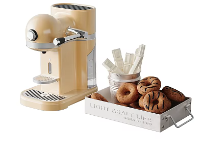 Kitchen Coffee Machine with Donuts Sugar Sticks and Light Meal Sharing Box 3d model
