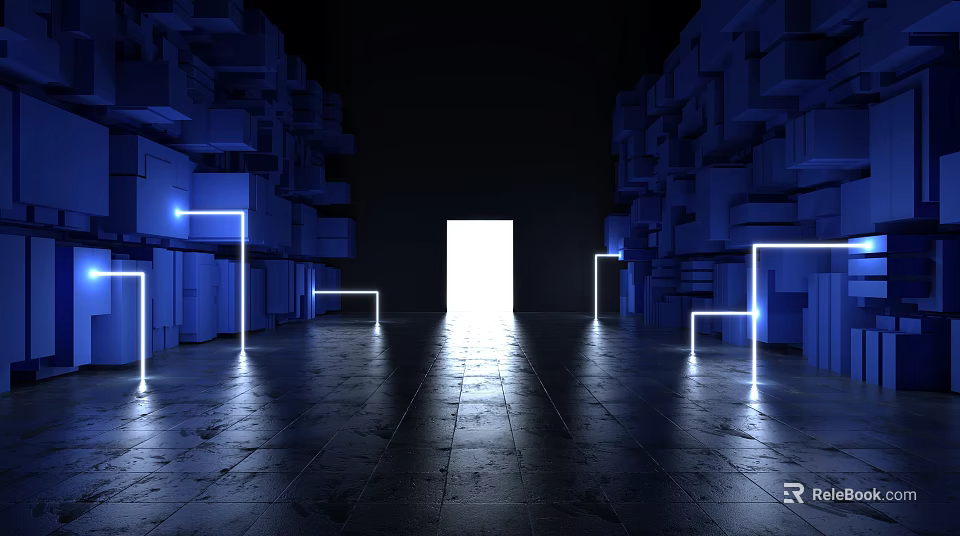 Cartoon Scene With Blue Block Structures Glowing Lines And Bright Door On Dark Reflective Floor 3d model 