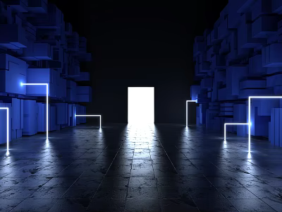 Cartoon Scene With Blue Block Structures Glowing Lines And Bright Door On Dark Reflective Floor 3d model