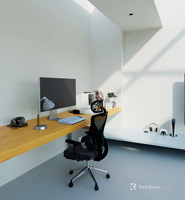 Modern Office Desk and Chair Set With Wooden Tabletop Black Chair Monitor Lamp and Keyboard 3d model 