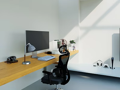 Modern Office Desk and Chair Set With Wooden Tabletop Black Chair Monitor Lamp and Keyboard 3d model