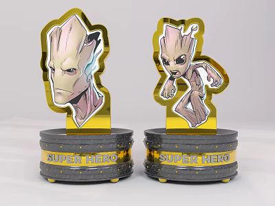 Super Hero Metal Figurines With Golden Border And Decorative Base 3d model