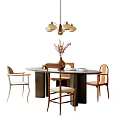 Quiet Ancient Style Dining Table and Chair Combination Ornaments Combination Art Chandelier 3d model