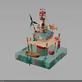 Wooden Floating Lighthouse Cottage Structure With Windmill Small Boat On Water Platform 3d model
