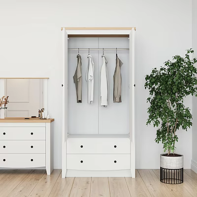 Modern White Wardrobe With Hanging Clothes And Drawers Next To Green Plant 3d model