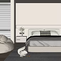 Cozy Modern Double Bed with Headboard Pillows Nightstand Plant Plush Chair and Rug