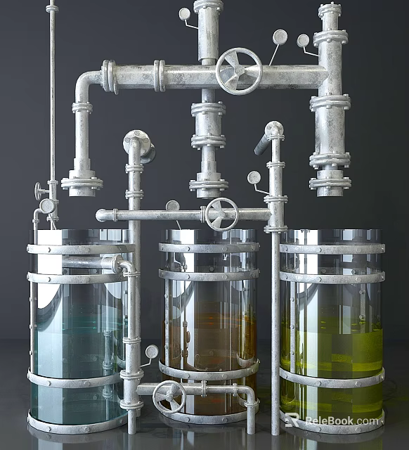 Industrial Equipment with Metal Pipes Valves and Transparent Cylindrical Tanks Containing Various Colored Liquids 3d model 