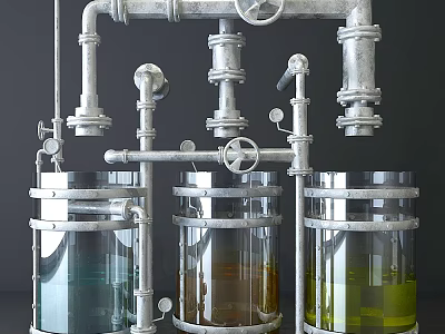 Industrial Equipment with Metal Pipes Valves and Transparent Cylindrical Tanks Containing Various Colored Liquids 3d model