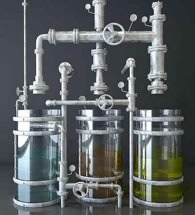Industrial Equipment with Metal Pipes Valves and Transparent Cylindrical Tanks Containing Various Colored Liquids 3d model