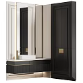 Modern Bathroom Sink Vanity With Wooden Cabinet White Countertop And Gold Hardware