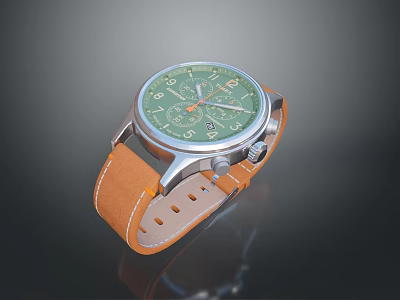 Stylish Modern Watch With Green Dial And Brown Leather Strap For Daily Use 3d model