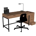 Wooden Desk with Black Metal Frame Table Lamp File Organizer Drawers and Office Chair Wheels