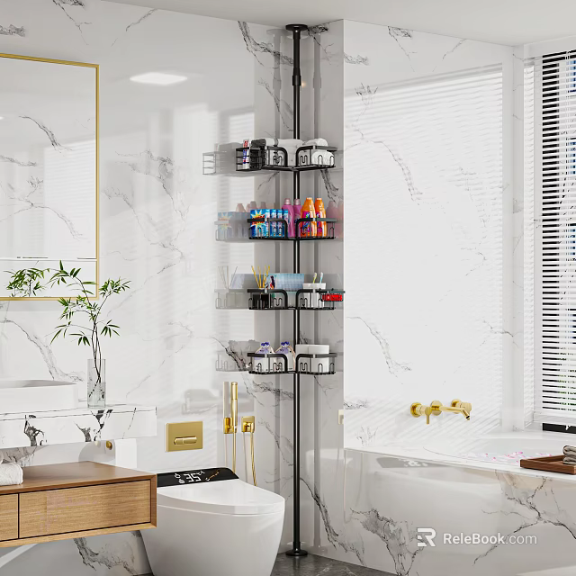 Bathroom Corner Shelf With Multiple Tiers For Organizing Daily Cleaning Supplies On Marble Walls 3d model 