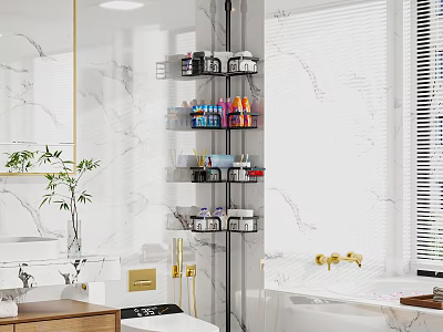 Bathroom Corner Shelf With Multiple Tiers For Organizing Daily Cleaning Supplies On Marble Walls 3d model