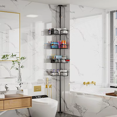 Bathroom Corner Shelf With Multiple Tiers For Organizing Daily Cleaning Supplies On Marble Walls 3d model