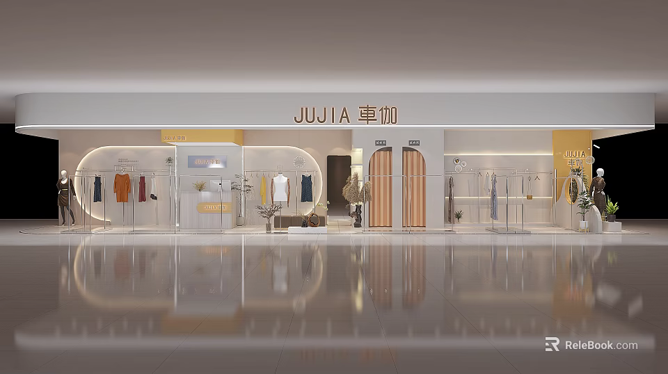 Modern JUJIA Clothing Store with Bright Display Windows and Apparel Racks Interior 3d model 