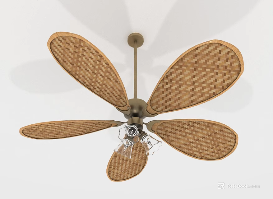 Natural Woven Rattan Ceiling Fan With Five Blades And Light Fixture 3d model 