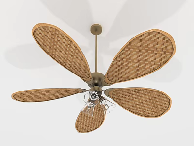 Natural Woven Rattan Ceiling Fan With Five Blades And Light Fixture 3d model
