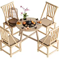 Wooden Frame Rattan Round Table and Chair Set with Backrest Flower Vase and Fruits