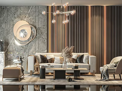 Modern Living Room Sofa and Coffee Table Set with Marble Wall Striped Curtains Pendant Light 3d model