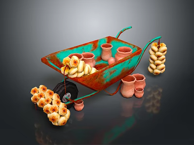 Rusted Turquoise Wheelbarrow Decorative Arrangement With Clay Pots Bagel Bunches And Small Clay Vessels 3d model