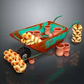 Rusted Turquoise Wheelbarrow Decorative Arrangement With Clay Pots Bagel Bunches And Small Clay Vessels