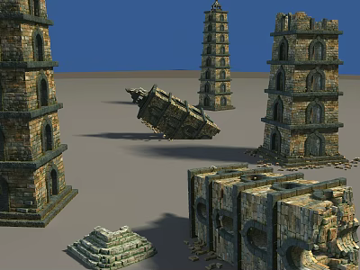 Ancient Stone Tower Ruins With Broken Arches And Scattered Stone Blocks 3d model