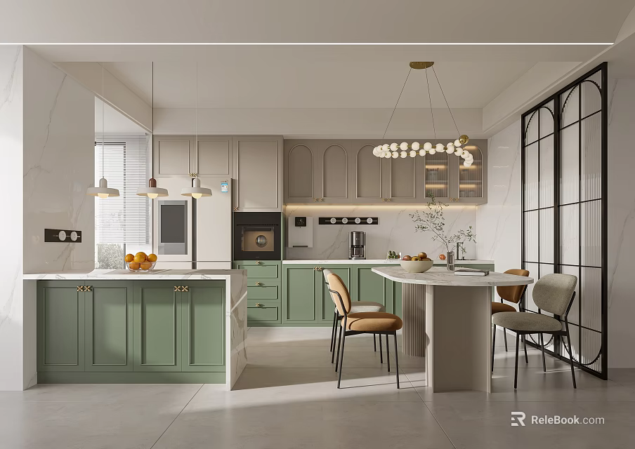 Modern Restaurant Interior With Green Cabinets Island Pendant Lights And Dining Table 3d model 