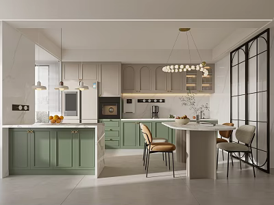 Modern Restaurant Interior With Green Cabinets Island Pendant Lights And Dining Table 3d model