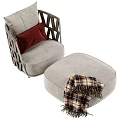 Stylish Leisure Chair With Woven Design Gray Fabric Red Cushion And Plaid Blanket Ottoman