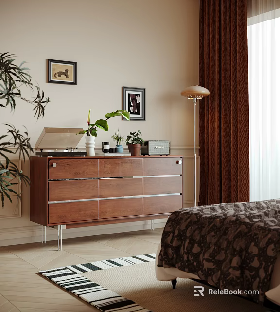 Modern Wooden Console Cabinet With Drawers Potted Plants Framed Art And Floor Lamp Rug 3d model 