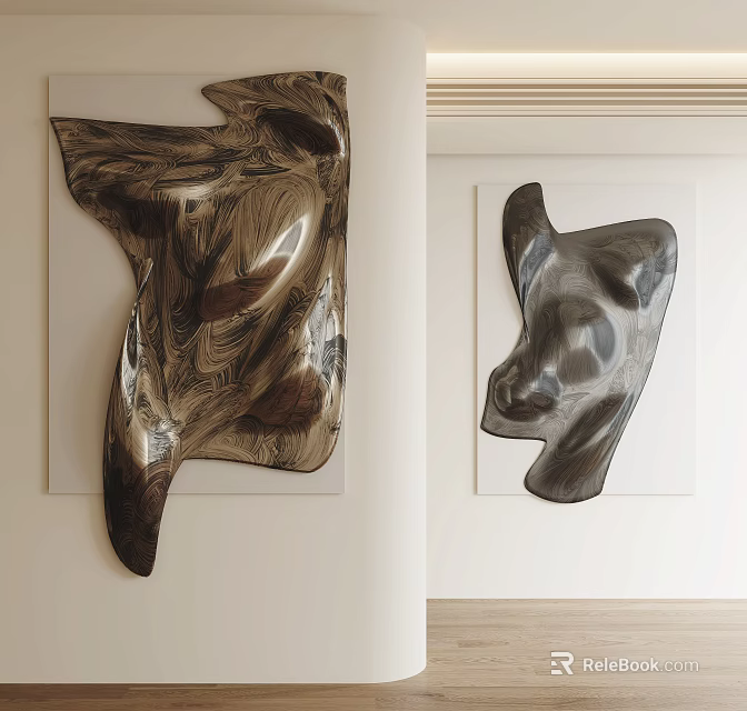 Modern Abstract Metallic Wall Decor With Glossy Dark Gray Sculptural Design On White Interior Wall 3d model 