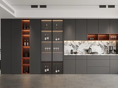 Modern Wine Cabinet In Open Kitchen With Glass Doors Displaying Wine Bottles And Cabinets 3d model