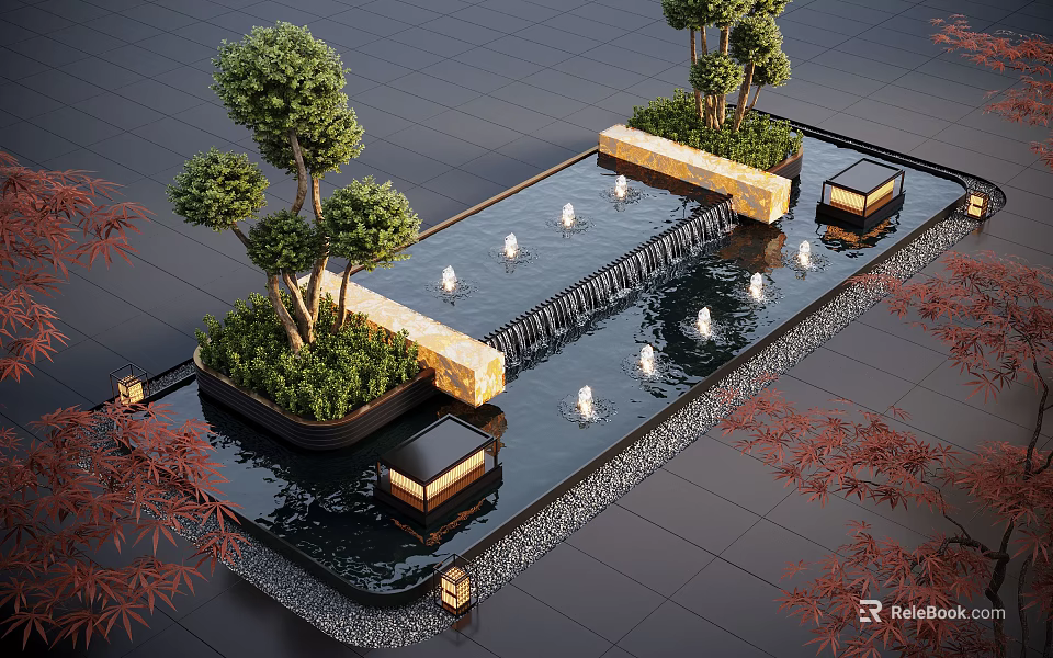 Elegant Water Fountain Landscape Design With Cascading Water Trees Lanterns And Stone Tiles 3d model 