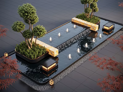 Elegant Water Fountain Landscape Design With Cascading Water Trees Lanterns And Stone Tiles 3d model